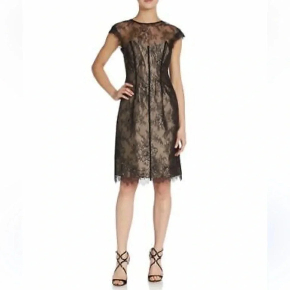 NEW ML Monique Lhuillier Capsleeve Lace Overlay Dress Black size 4 Black Tie NWT - Picture 1 of 16